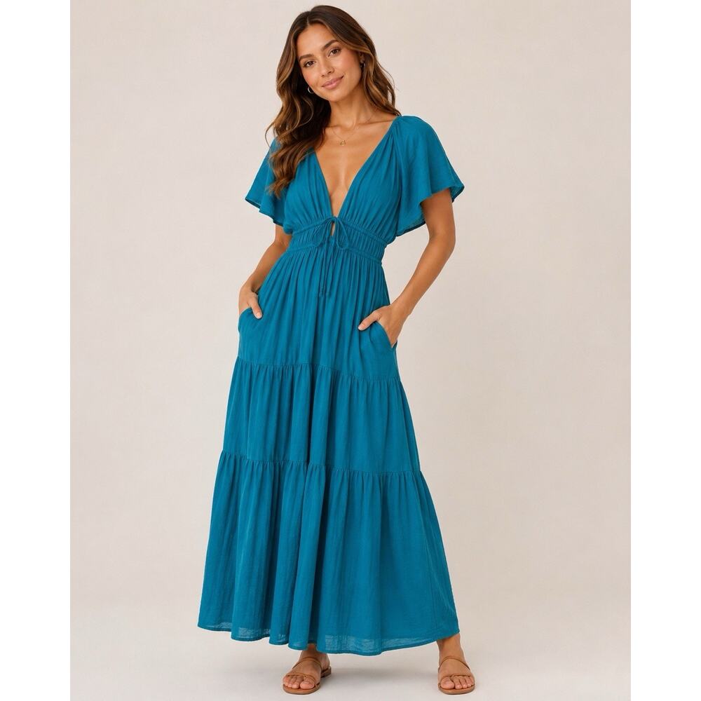 YFB Young Fabulous & Broke Teal Tiered Maxi Dress XS Boho Cottage Empire Waist
